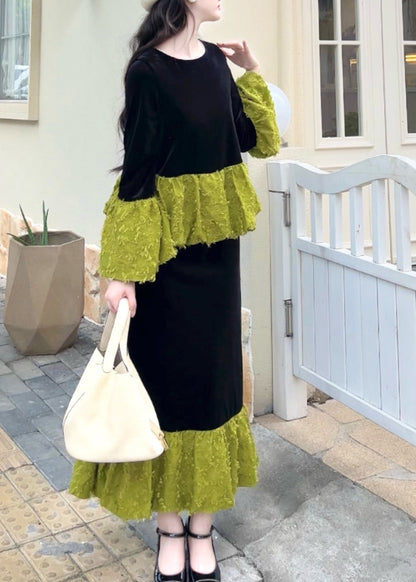 Stilvolles zweiteiliges Set aus Samt mit Farbblock-Design, Rundhalsausschnitt und Patchwork-Optik für den Frühling