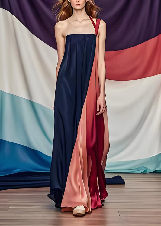 Stilvolles Colorblock One Shoulder Patchwork Seidenkleid Sommer