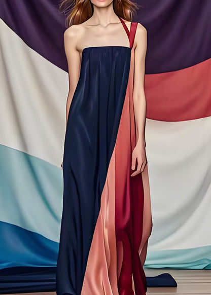Stilvolles Colorblock One Shoulder Patchwork Seidenkleid Sommer