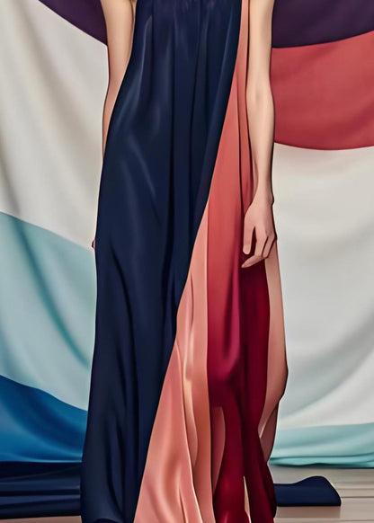 Stilvolles Colorblock One Shoulder Patchwork Seidenkleid Sommer