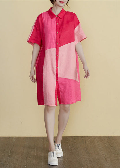 Stilvolles Colorblock-Peper-Pan-Kragen-Knopf-Patchwork-Hemdkleid mit kurzen Ärmeln