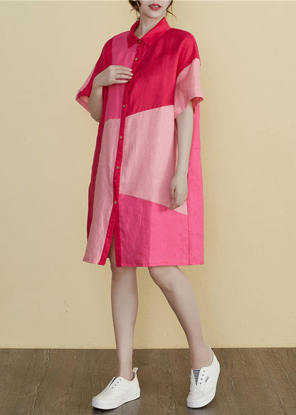 Stilvolles Colorblock-Peper-Pan-Kragen-Knopf-Patchwork-Hemdkleid mit kurzen Ärmeln
