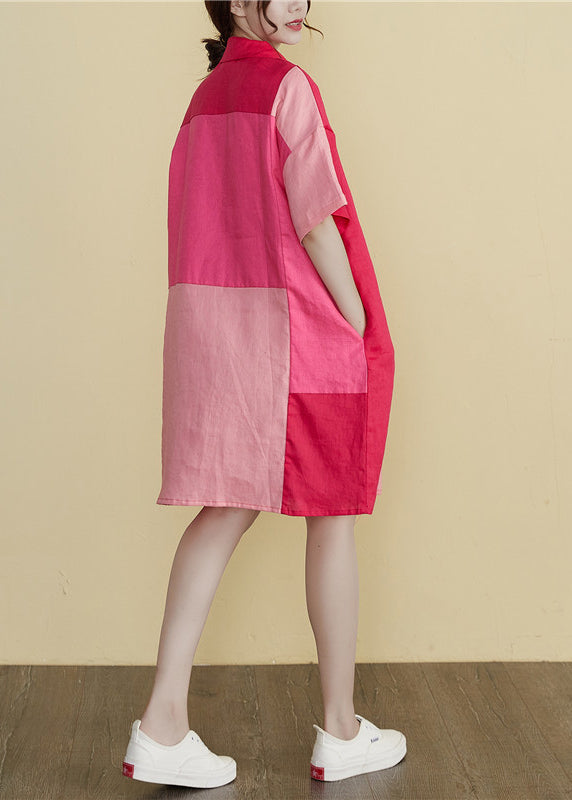 Stilvolles Colorblock-Peper-Pan-Kragen-Knopf-Patchwork-Hemdkleid mit kurzen Ärmeln