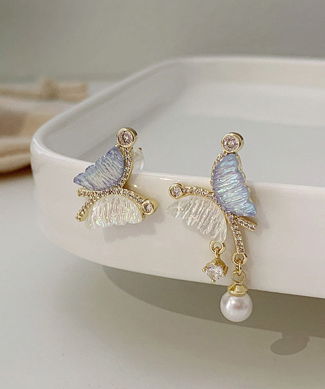 Elegantes pendientes de mariposa con perlas de cristal y circonitas asimétricas de aleación de plata de ley con bloques de colores