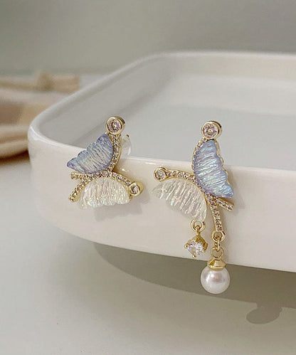 Elegantes pendientes de mariposa con perlas de cristal y circonitas asimétricas de aleación de plata de ley con bloques de colores