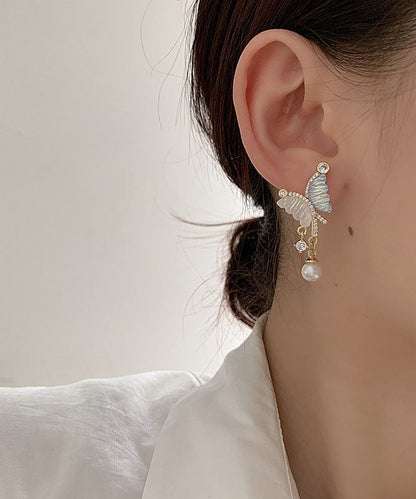 Elegantes pendientes de mariposa con perlas de cristal y circonitas asimétricas de aleación de plata de ley con bloques de colores