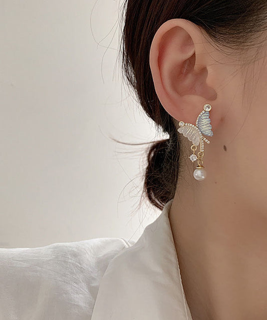 Elegantes pendientes de mariposa con perlas de cristal y circonitas asimétricas de aleación de plata de ley con bloques de colores