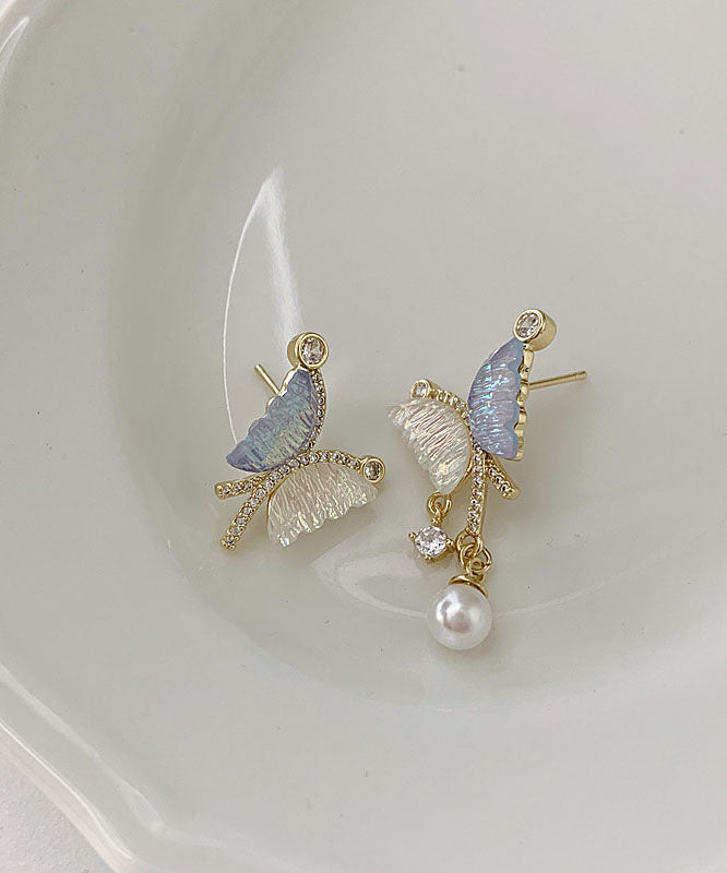Elegantes pendientes de mariposa con perlas de cristal y circonitas asimétricas de aleación de plata de ley con bloques de colores