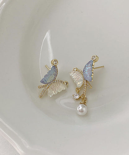 Elegantes pendientes de mariposa con perlas de cristal y circonitas asimétricas de aleación de plata de ley con bloques de colores