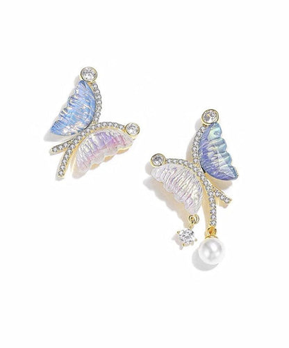 Elegantes pendientes de mariposa con perlas de cristal y circonitas asimétricas de aleación de plata de ley con bloques de colores