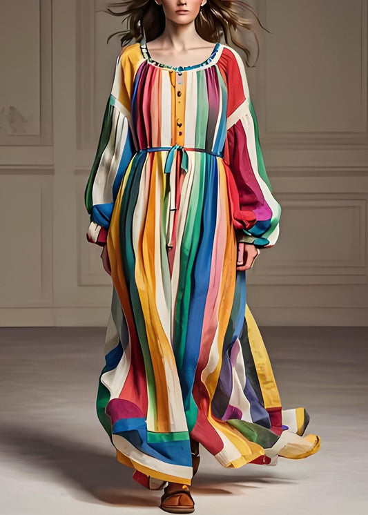 Stilvolle Colorblock U Neck Patchwork Baumwolle Kleider Laterne Ärmel