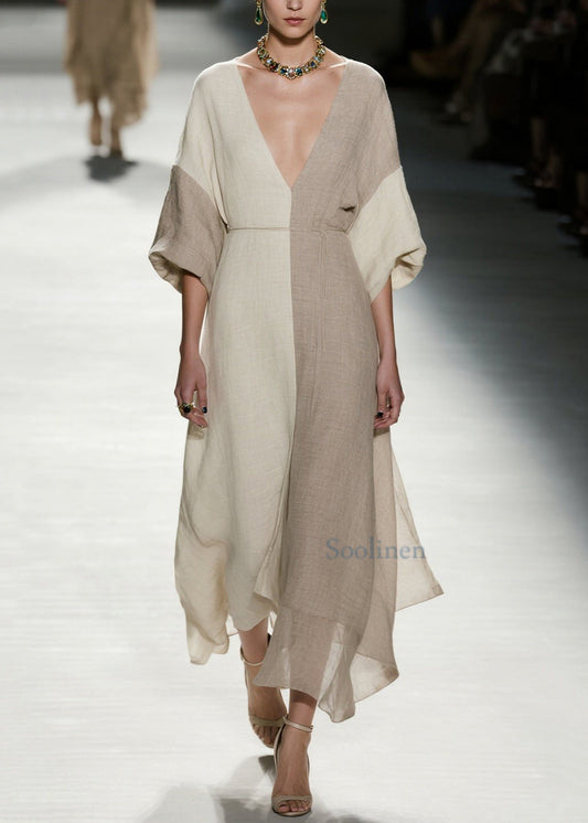 Stilvolles Sommerkleid aus Baumwolle mit Farbblock-Design, V-Ausschnitt und Patchwork-Elementen