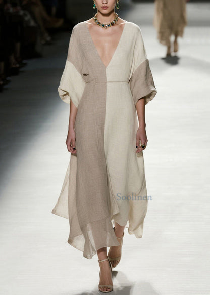 Stilvolles Sommerkleid aus Baumwolle mit Farbblock-Design, V-Ausschnitt und Patchwork-Elementen