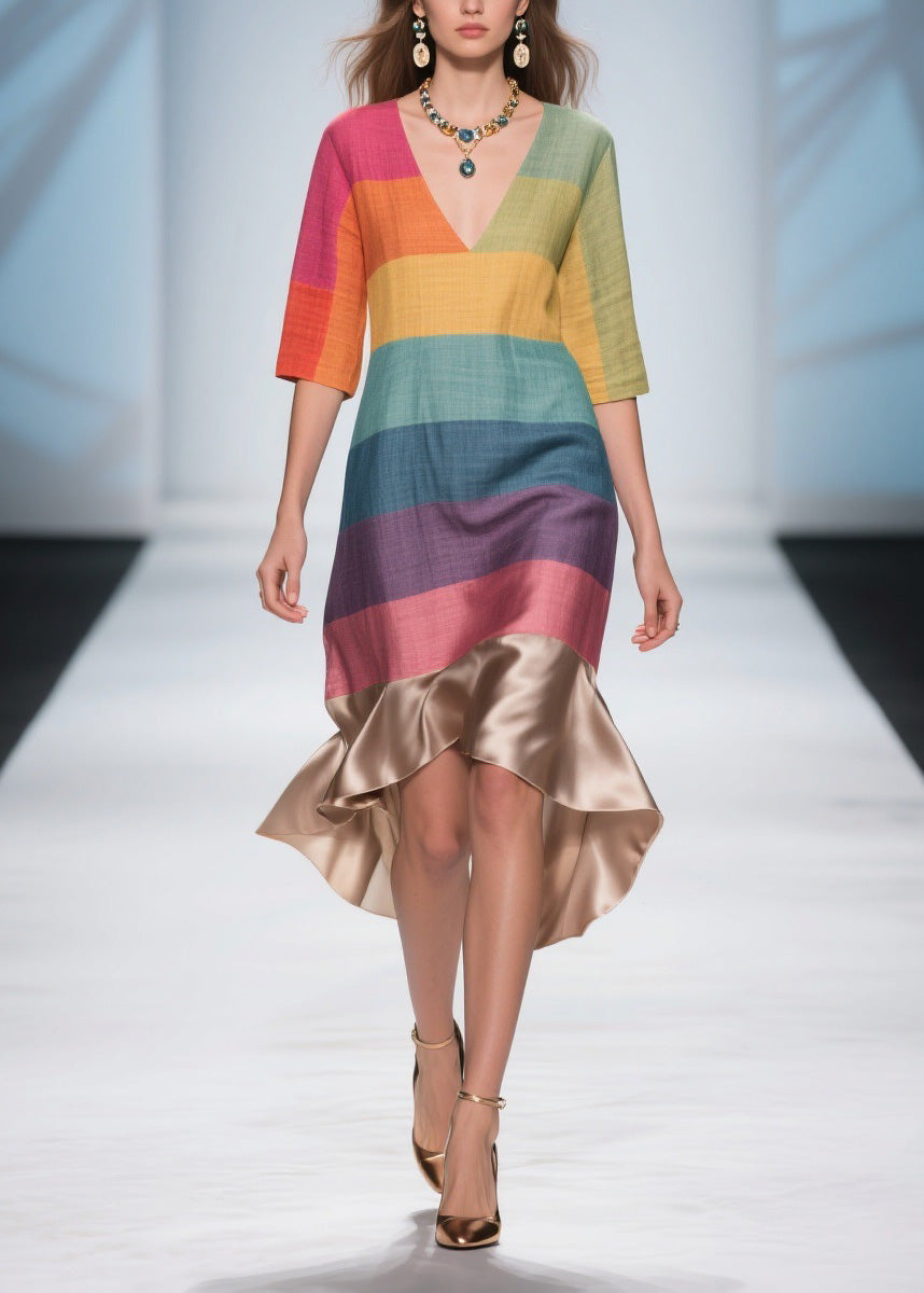 Stylish Colorblock V Neck Patchwork Linen Silk Dresses Summer