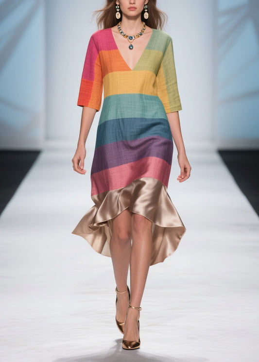 Stylish Colorblock V Neck Patchwork Linen Silk Dresses Summer