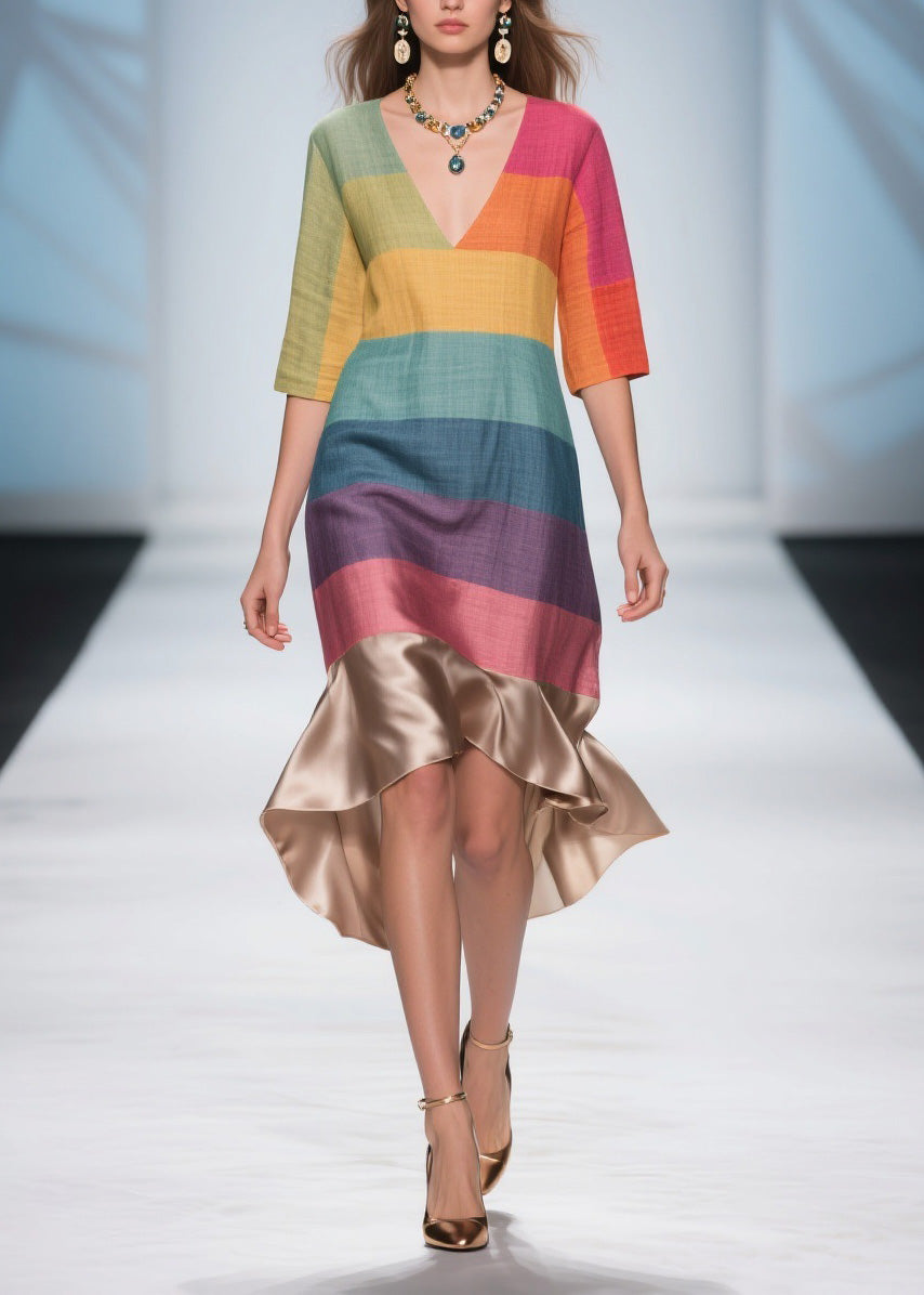 Stylish Colorblock V Neck Patchwork Linen Silk Dresses Summer