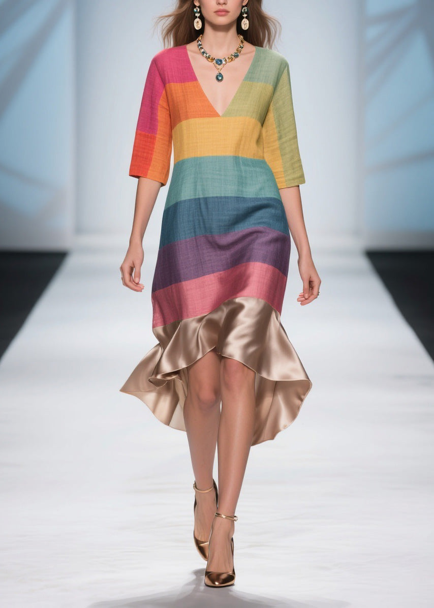 Stylish Colorblock V Neck Patchwork Linen Silk Dresses Summer