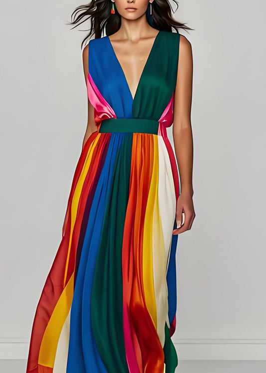 Stilvolle Colorblock V-Ausschnitt Patchwork Seide Lange Kleider Ärmellos