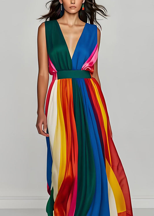 Stilvolle Colorblock V-Ausschnitt Patchwork Seide Lange Kleider Ärmellos