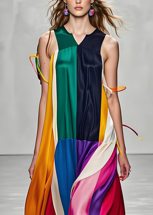 Stilvolles Colorblock-Patchwork-Maxikleid aus Seide mit V-Ausschnitt, ärmellos