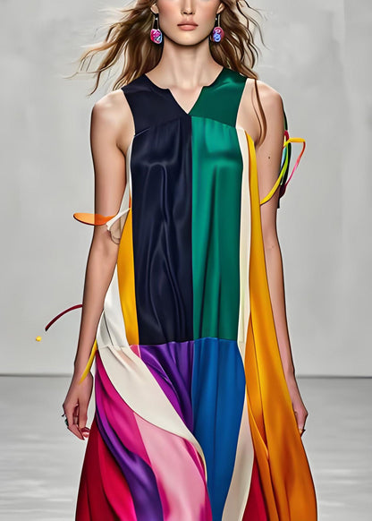 Stylish Colorblock V Neck Patchwork Silk Maxi Dress Sleeveless
