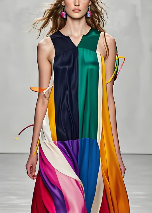 Stilvolles Colorblock-Patchwork-Maxikleid aus Seide mit V-Ausschnitt, ärmellos