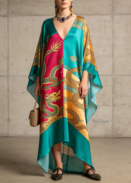 Stylish Colorblock V Neck Print Chiffon Long Dress Summer
