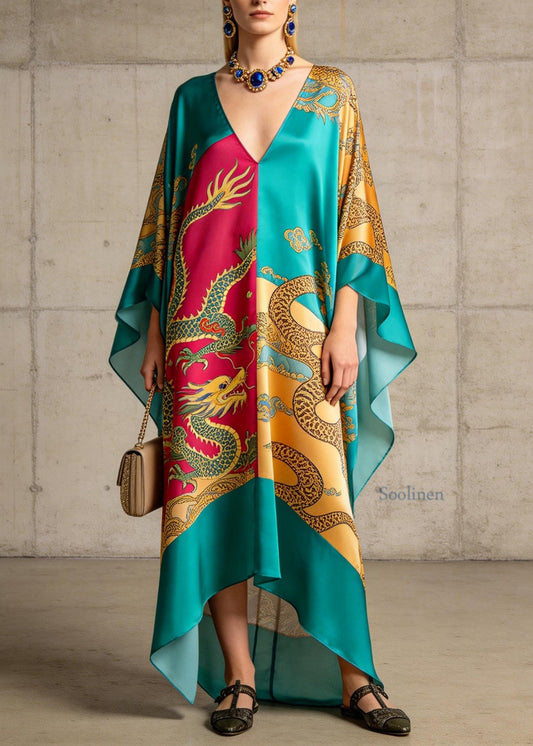 Stylish Colorblock V Neck Print Chiffon Long Dress Summer