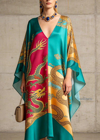 Stylish Colorblock V Neck Print Chiffon Long Dress Summer