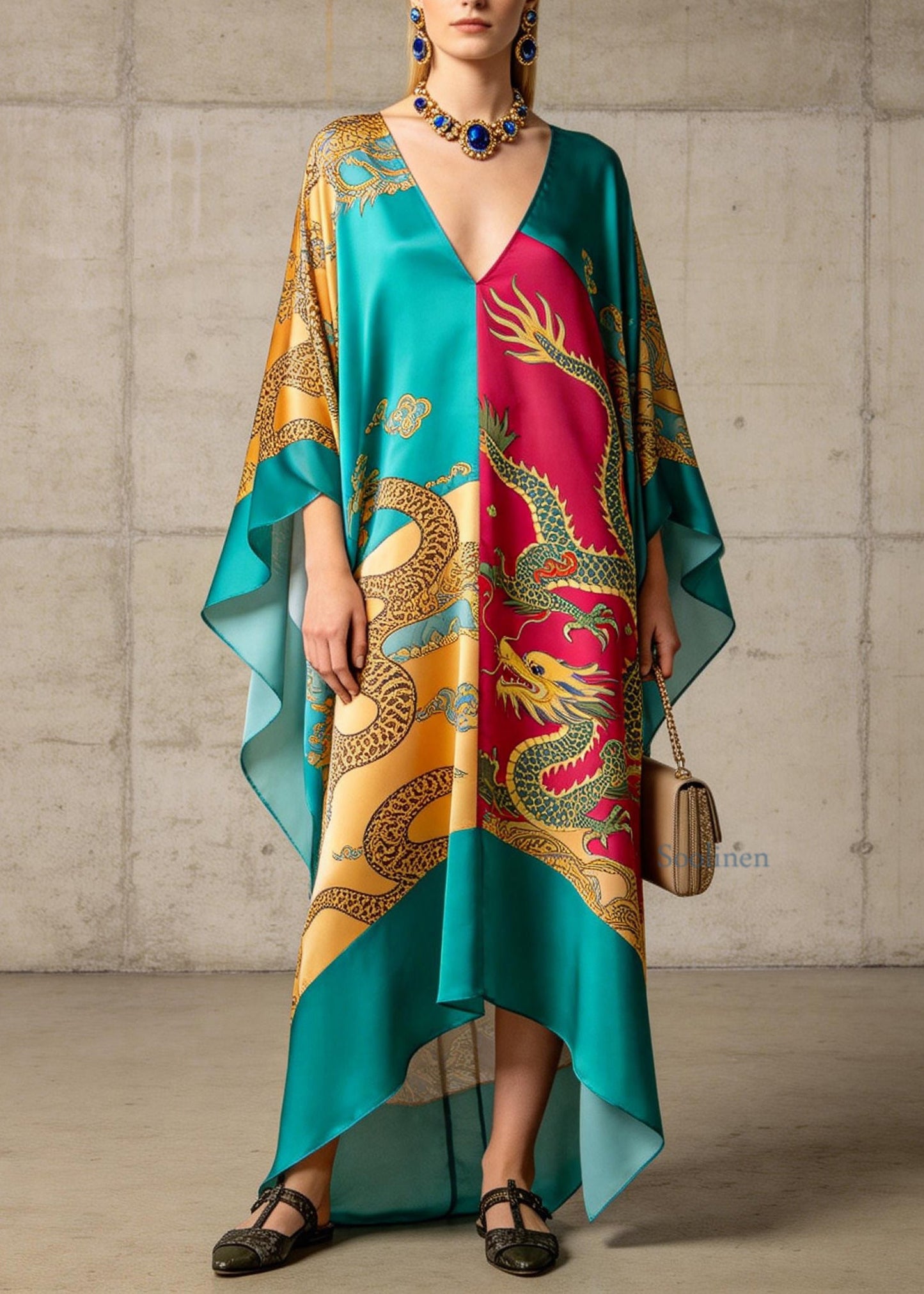 Stylish Colorblock V Neck Print Chiffon Long Dress Summer