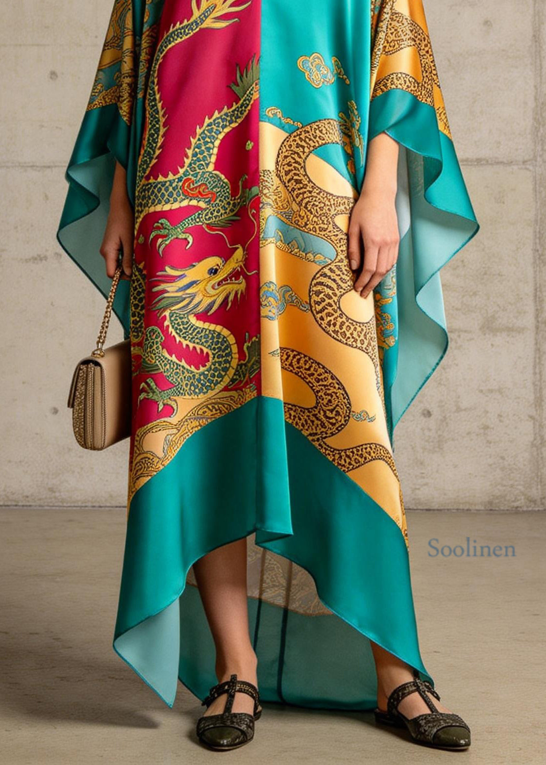 Stylish Colorblock V Neck Print Chiffon Long Dress Summer