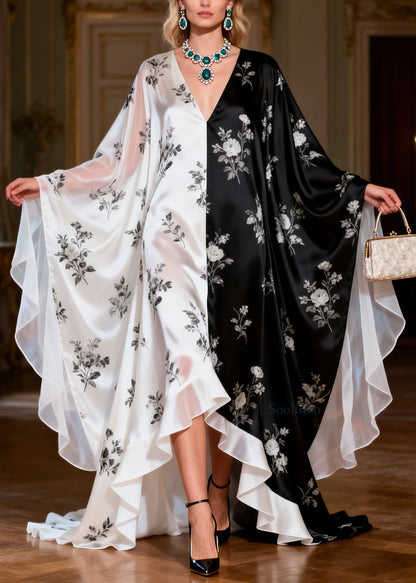 Stylish Colorblock V Neck Print Chiffon Maxi Dresses Batwing Sleeve