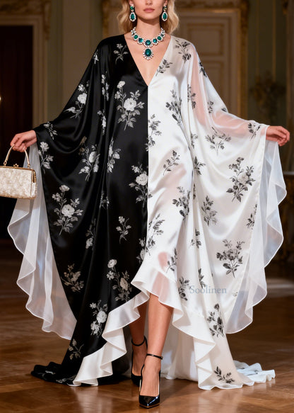 Stylish Colorblock V Neck Print Chiffon Maxi Dresses Batwing Sleeve