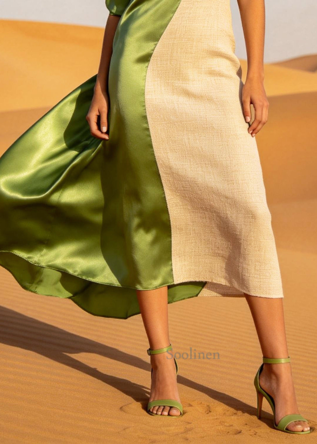 Stylish ColorblockC Asymmetrical Patchwork Hollow Out Linen Silk Dress Summer