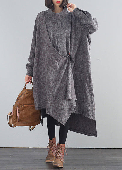 Stilvolle Dunkelgrau Rollkragen Asymmetrische Low High Design Baumwolle Lange Kleider Herbst