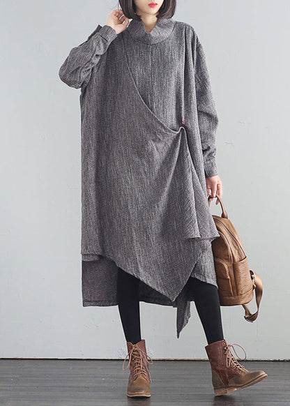 Stilvolle Dunkelgrau Rollkragen Asymmetrische Low High Design Baumwolle Lange Kleider Herbst
