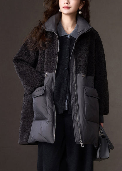 Stylish Dark Grey Peter Pan Collar Faux Fur Patchwork Down Coat Winter