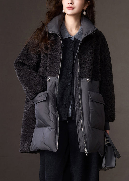 Stylish Dark Grey Peter Pan Collar Faux Fur Patchwork Down Coat Winter