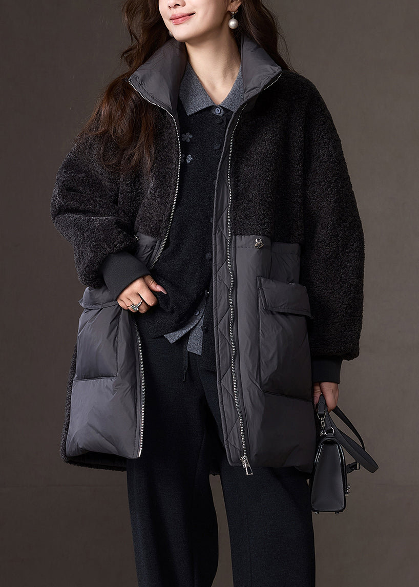 Stylish Dark Grey Peter Pan Collar Faux Fur Patchwork Down Coat Winter