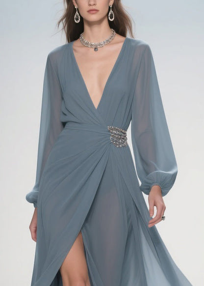 Stylish Deep Smoggy Blue V Neck Wrinkled Side Open Party Dress Spring