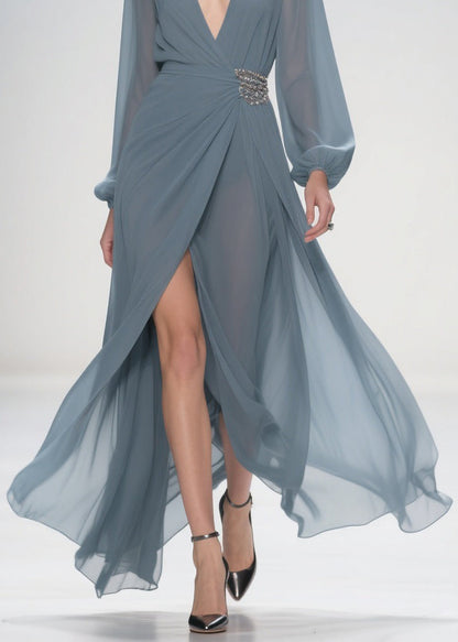 Stylish Deep Smoggy Blue V Neck Wrinkled Side Open Party Dress Spring