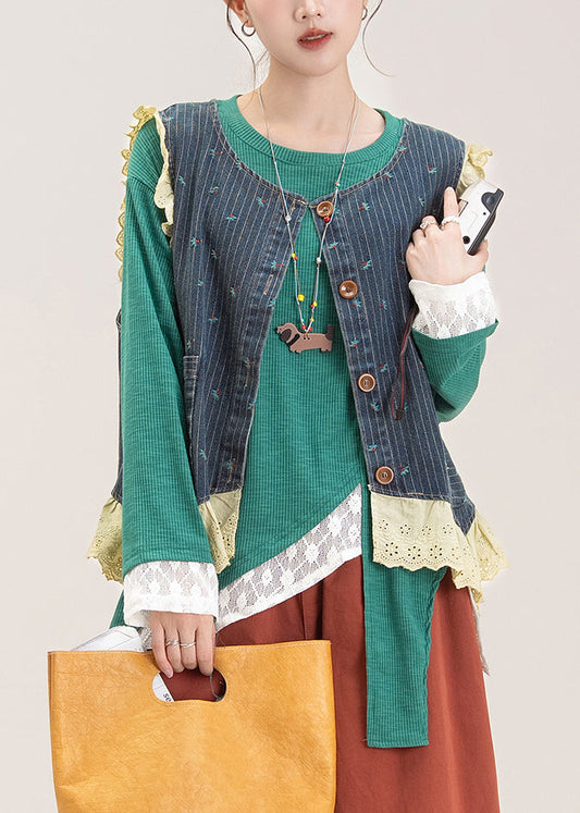 Elegante conjunto de dos piezas de chaleco y top bordado con patchwork de encaje azul vaquero para otoño