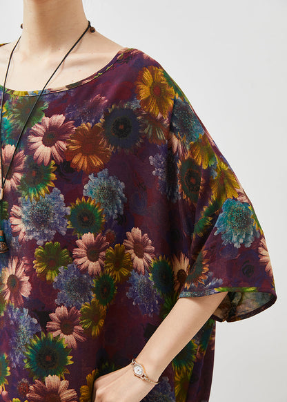 Stilvolles mattes lila übergroßes Sonnenblumen-Print-Baumwoll-Robenkleid