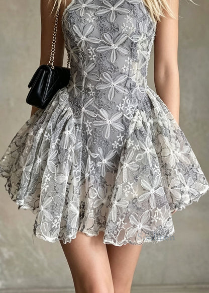 Stylish Embroidered Floral Tulle Mini Dress Summer