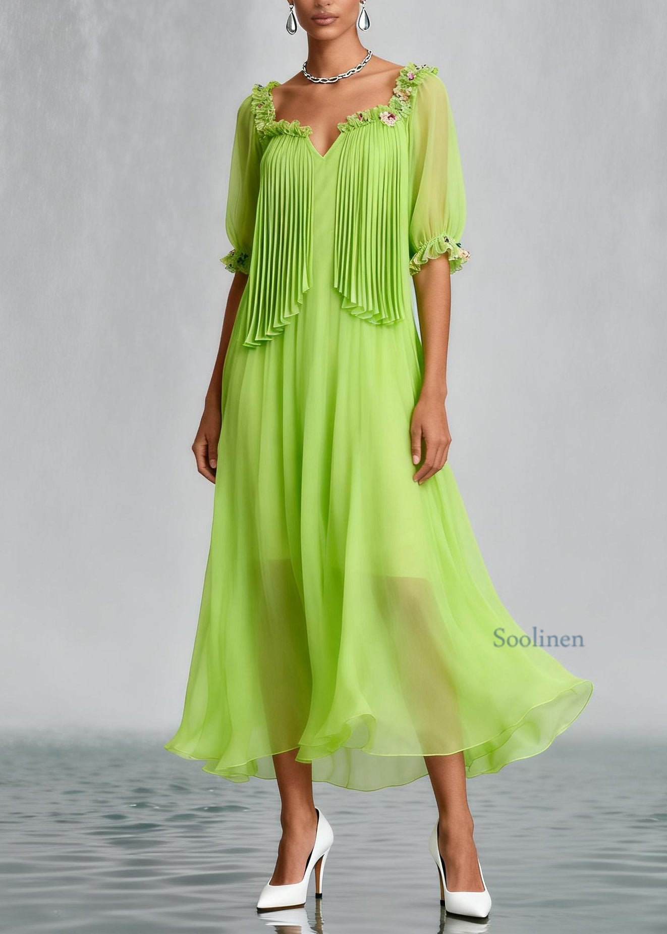 Stylish Fluorescent Green Wrinkled Floral Chiffon Dress Summer