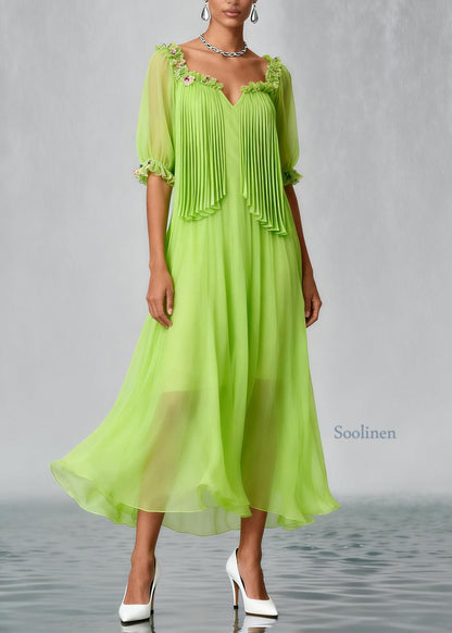 Stylish Fluorescent Green Wrinkled Floral Chiffon Dress Summer