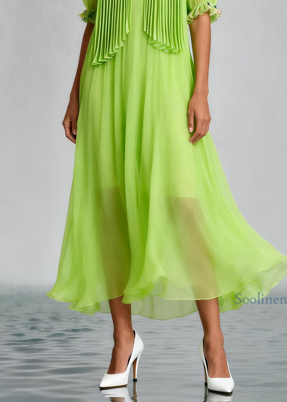 Stylish Fluorescent Green Wrinkled Floral Chiffon Dress Summer