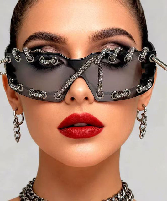Stylish Frameless Punk Sparkling Diamond Sunglasses With Metal Ring Rivets