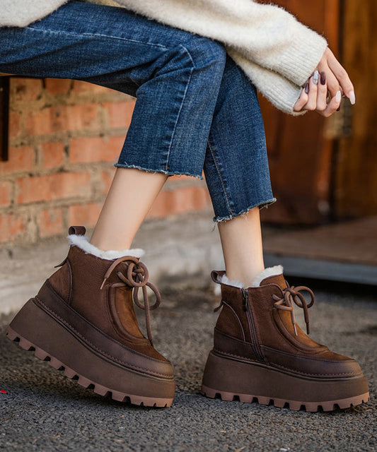 Stylish Fuzzy Wool Lined Splicing Platform Boots Brown Cowhide Leather