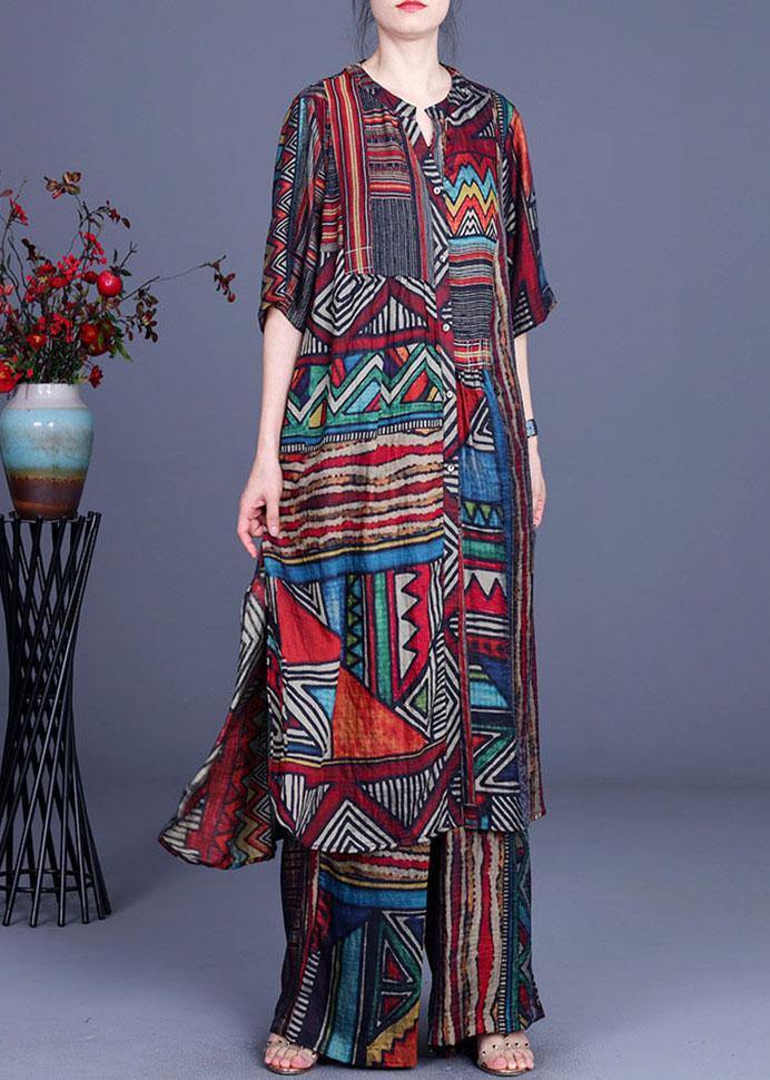 Stylish Geometric PrintSilk long shirts Wide Leg Two Piece Suit Set - SooLinen